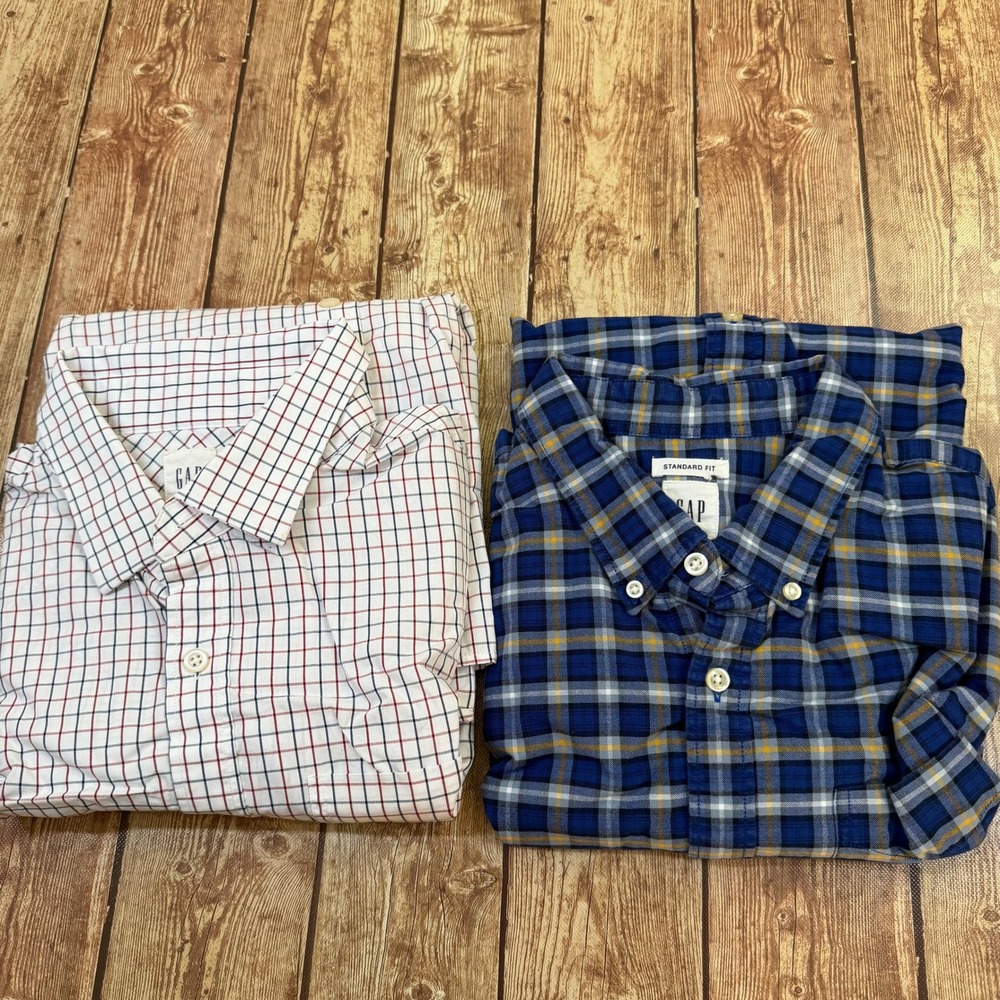 Gap Standard Fit Button Up Shirt Mens Extra Large Blue White Plaid 2 Pack